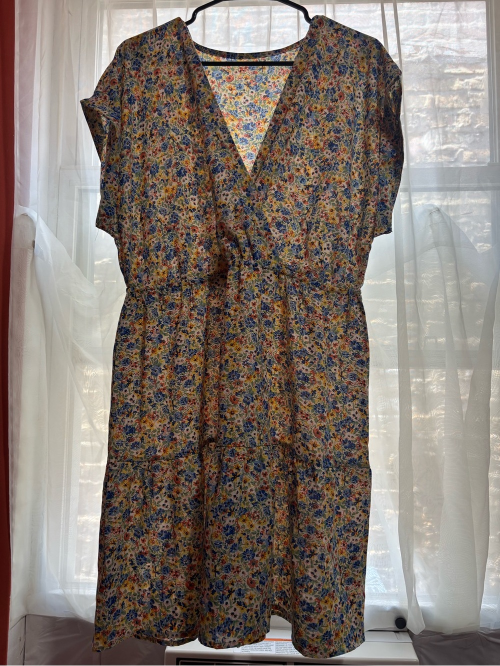 SHEIN Blue and Yellow Floral V-Neck Tiered Dress